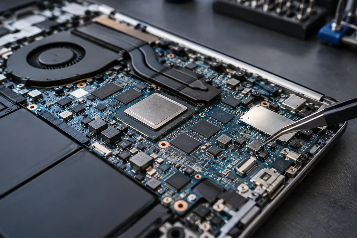 Illustrative close-up of a laptop motherboard and precision repair tools