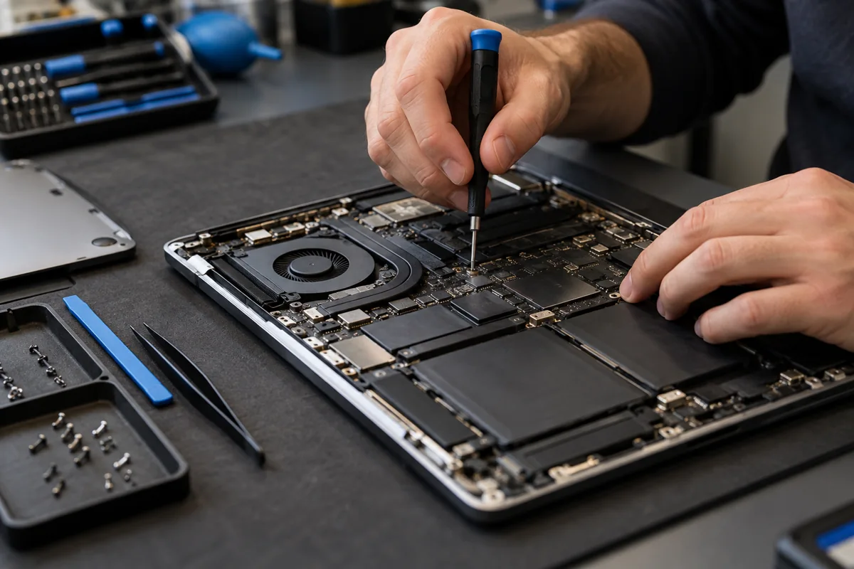 Illustrative photograph of hands servicing an open laptop with a precision screwdriver