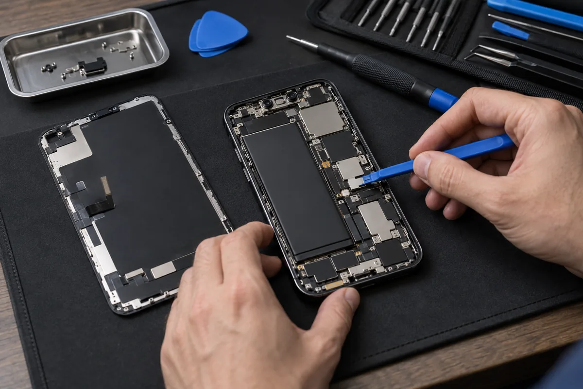 Illustrative photograph of a smartphone screen replacement on an electronics repair bench